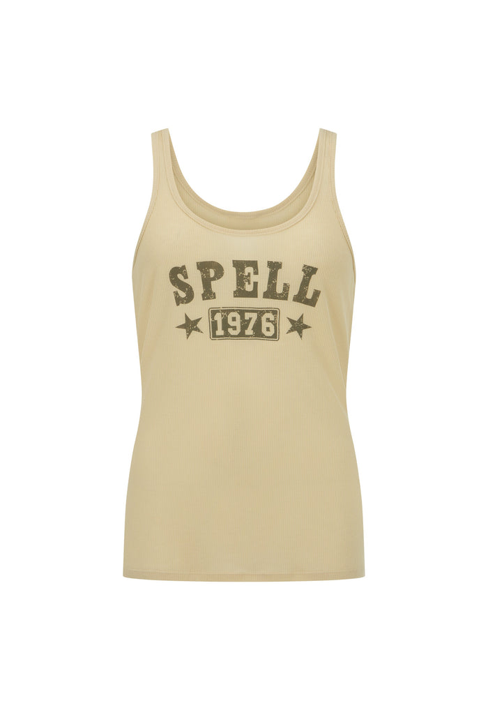A beige sleeveless tank top with a dark brown graphic on the front reading 'SPELL 1976' with stars, shown against a plain white background.
