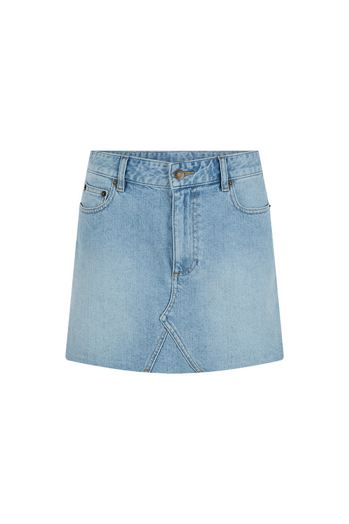 Front flat lay of 1979 Denim Mini Skirt in vintage blue, showing 5-pocket design, low waist, and frayed hem