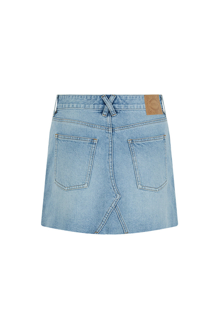 Back view of 1979 Denim Mini Skirt showing dual patch pockets, cross-tab waistband, and Spell leather logo patch