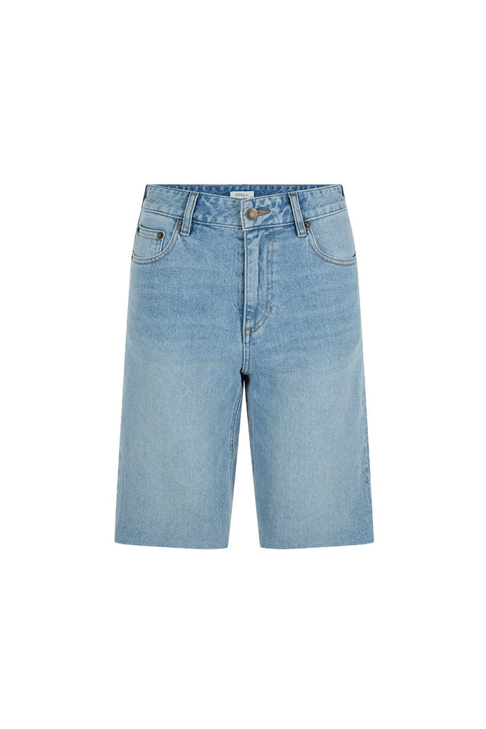1979 Denim Short in Vintage Blue, front flat lay, knee-length wide-leg organic cotton denim, 5-pocket design