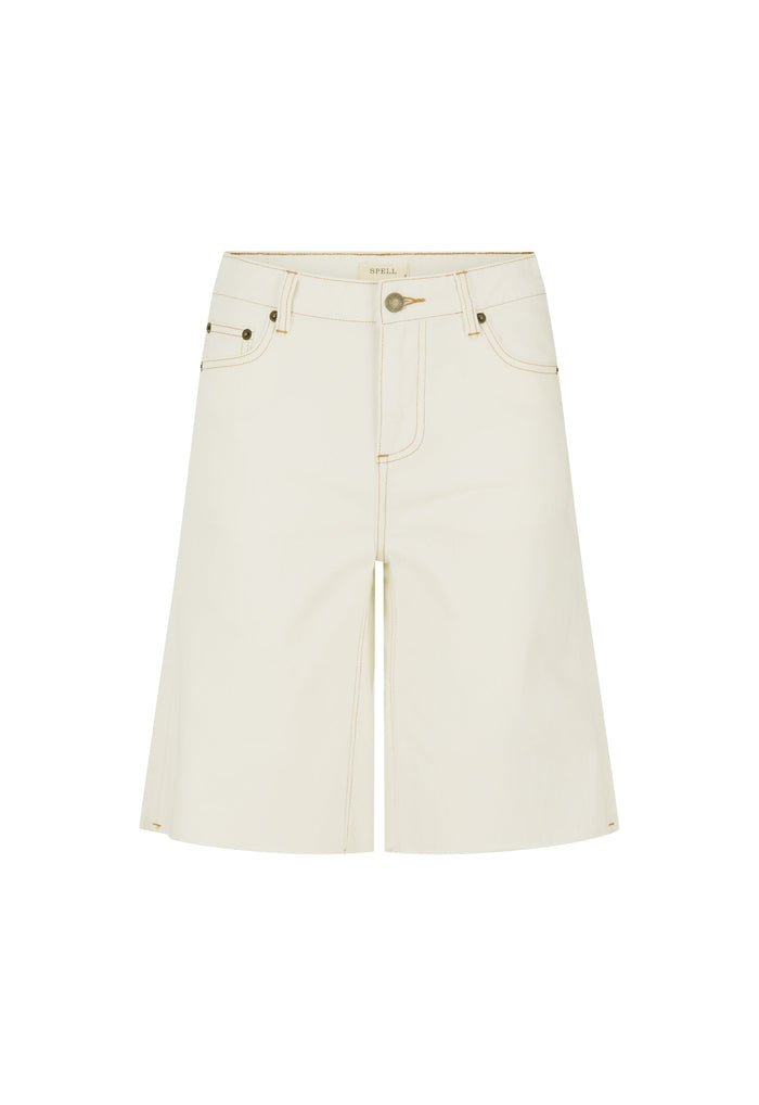 Salt organic cotton denim shorts flat lay, front view showing contrast stitching, coin pocket, raw hem edge
