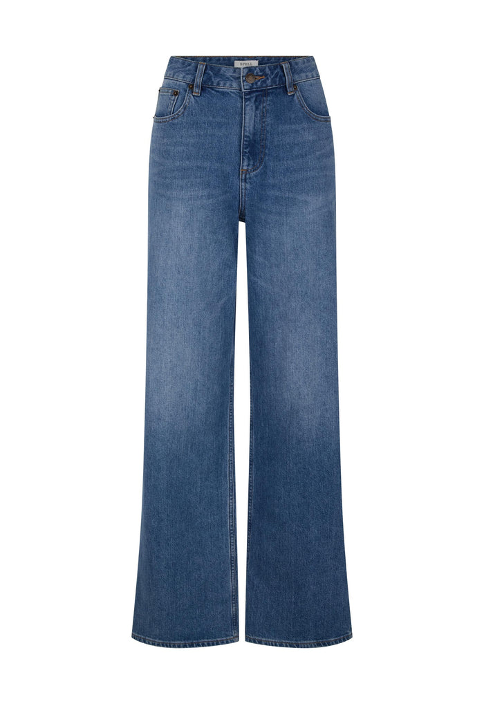 1995 Baggy Jean in Washed Indigo flat lay, front view showing mid-rise waist, wide leg and custom Spell trims