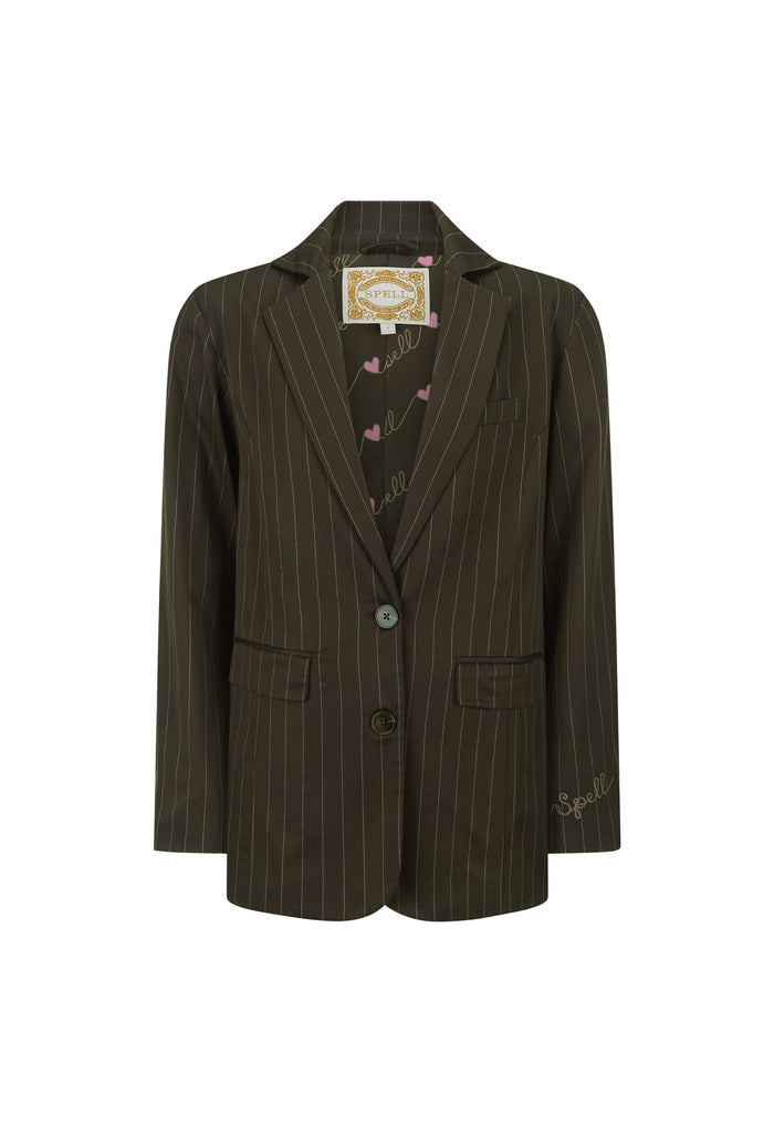 A dark brown pinstripe blazer with a single button closure, displayed on a clean white background. The brand label 'Spegli' is visible on the inner neck tag and embroidered on the lower right sleeve.
