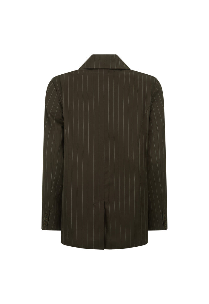 A dark brown pinstripe blazer shown from the back, featuring thin vertical white stripes on a solid white background.