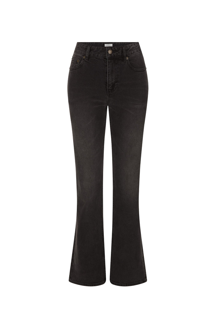 Black high-waisted flare jeans shown on a clean white background.