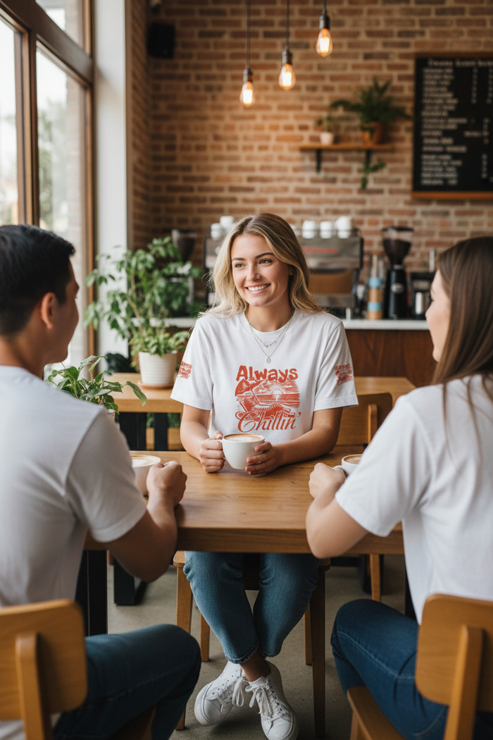 Three people sitting around a wooden table in a cozy cafe setting, wearing matching white t-shirts with a red graphic print that reads 'Always Grilling'.