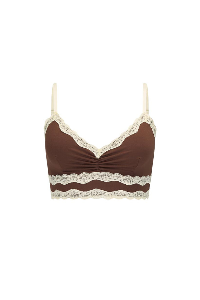 Spell women's Amour Lace Bralette in Coconut brown with cream lace trim, ruched front, adjustable straps