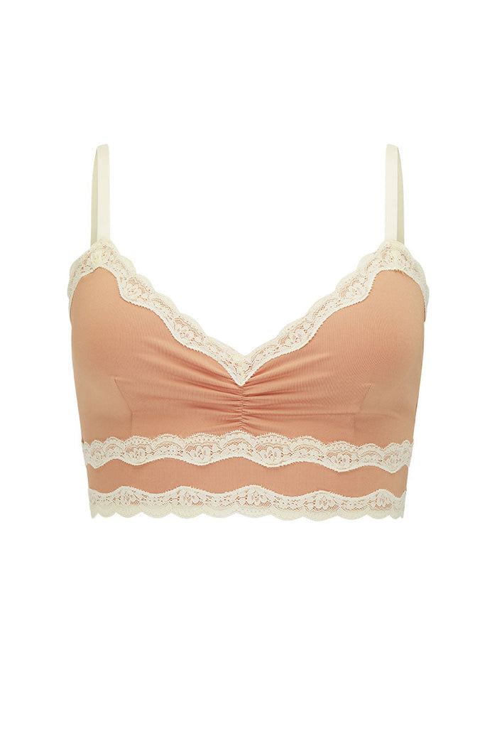 Spell women's Amour Lace Bralette in Seashell Pink with lace trim, adjustable straps and ruched front