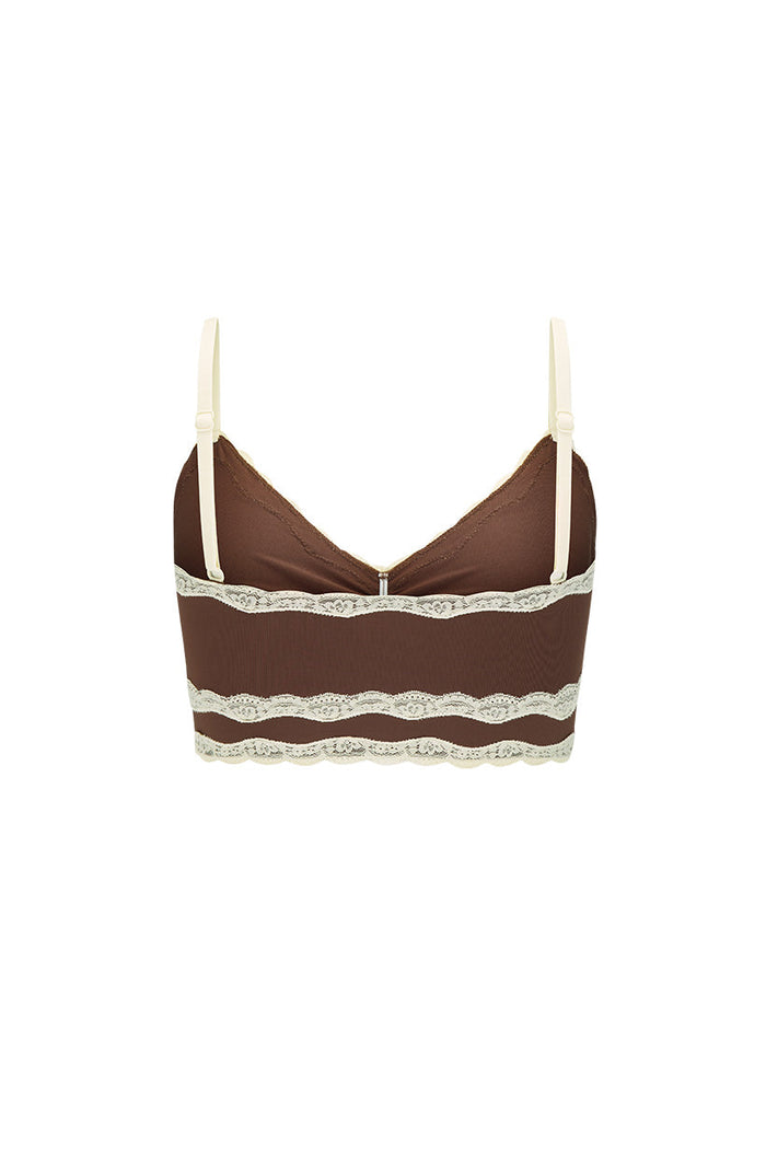 Front flat lay of chocolate brown bralette with cream lace trim bands and adjustable cream straps, white background