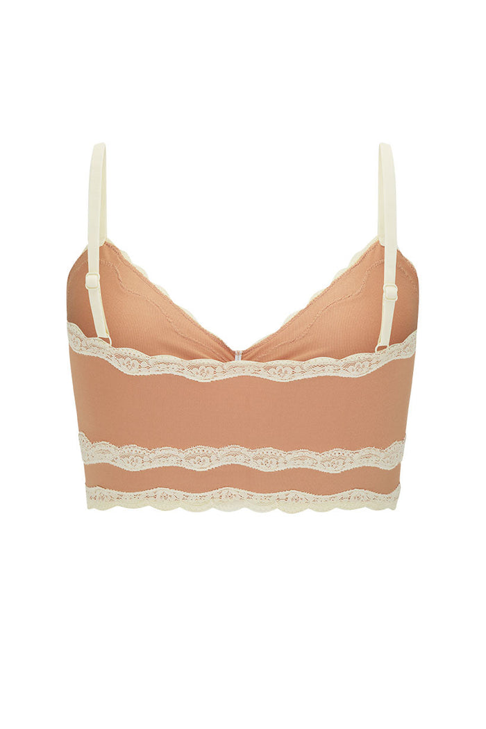Back flat lay of Amour Lace Bralette in Seashell Pink with cream lace trim, adjustable straps, and scalloped hem