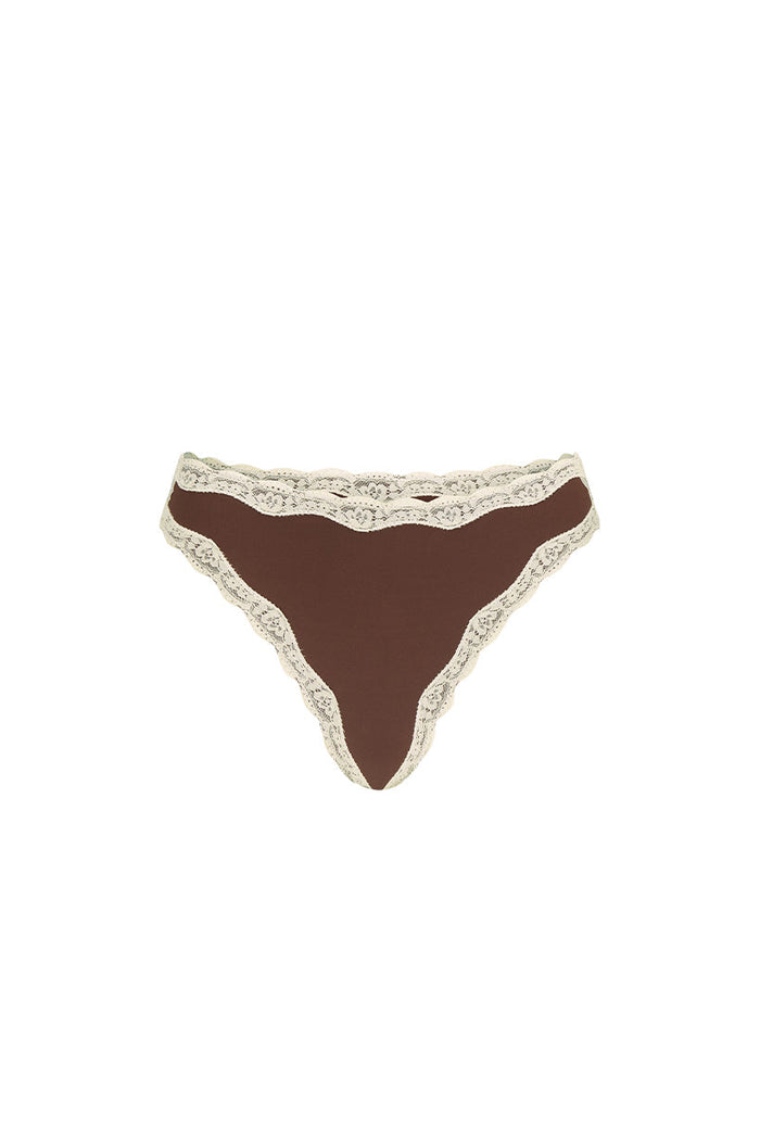 Spell women's Amour Lace Brief in Coconut brown with cream lace trim, cheeky cut front flat view