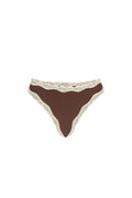 Spell women's Amour Lace Brief in Coconut brown with cream lace trim, cheeky cut front flat view