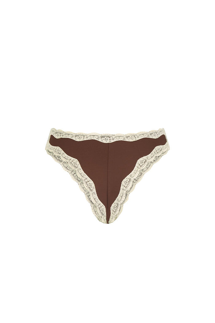 Back view of Amour Lace Brief in Coconut brown with cream lace trim and cheeky cut, flat lay on white