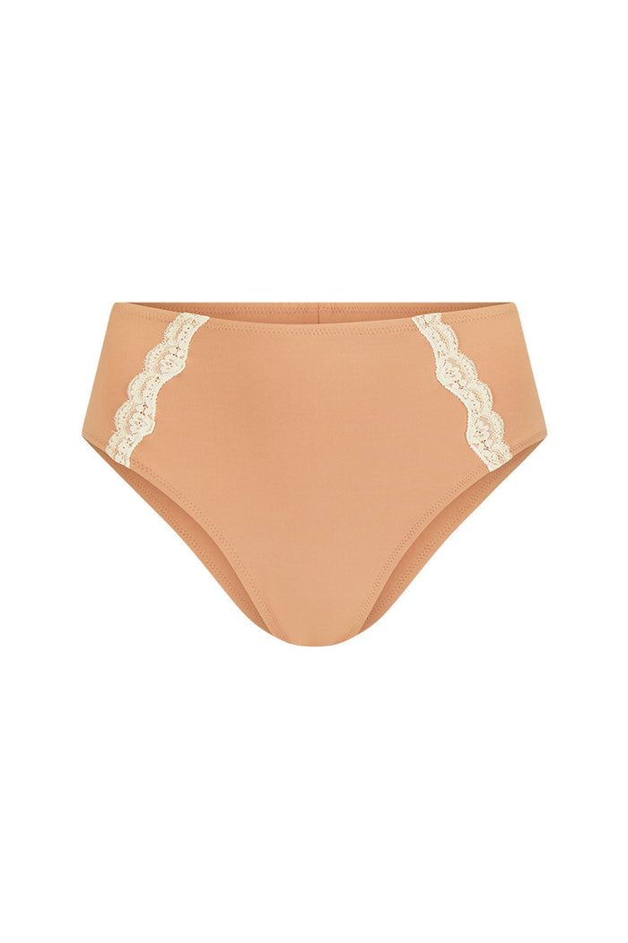 Spell women's Amour Lace High Waisted Brief in Seashell Pink with cream lace trim side panels, front flat view