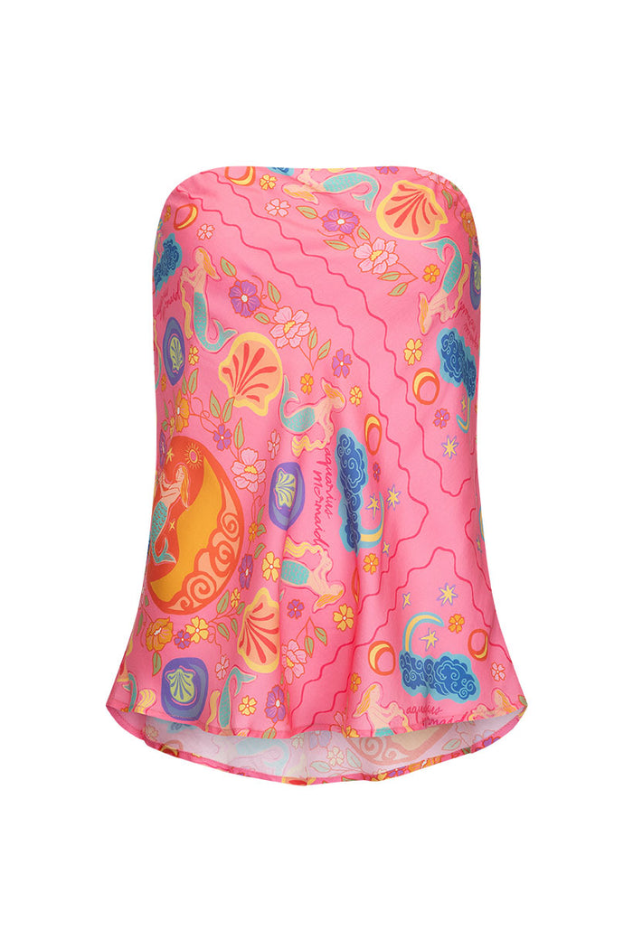 Front flat-lay of strapless top in pink mermaid print, hi-lo hem, bias cut with encased elastic neckline