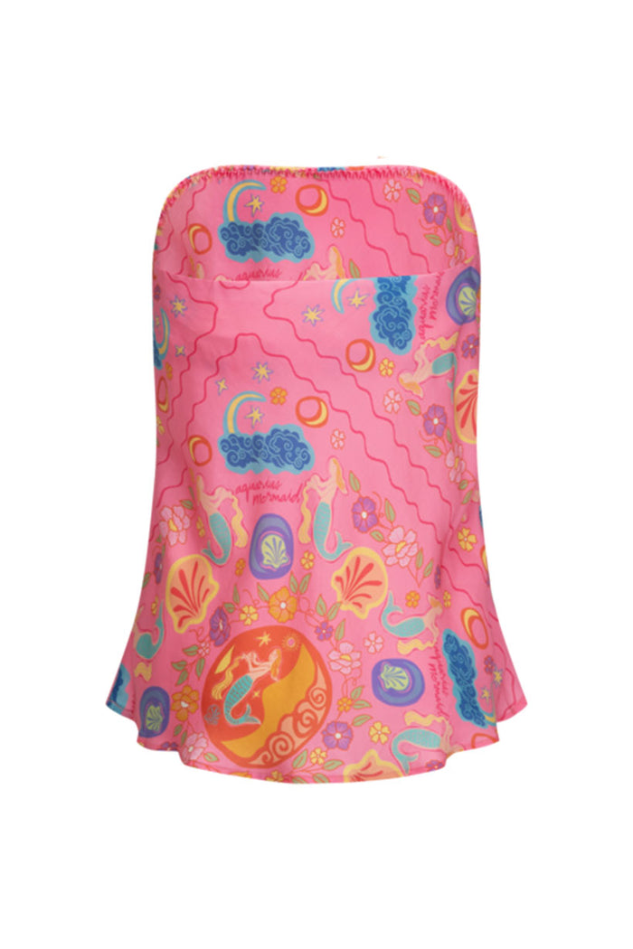 Back view of Aquarius Strapless Top in Cosmopolitan Pink, showing hi-lo hem, bias cut, and mermaid allover print