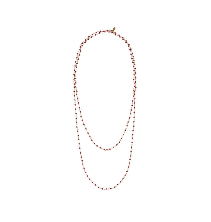 Atelier Long Beaded Chain Necklace doubled on white background, 22K gold-plated brass with dark pink jade beads