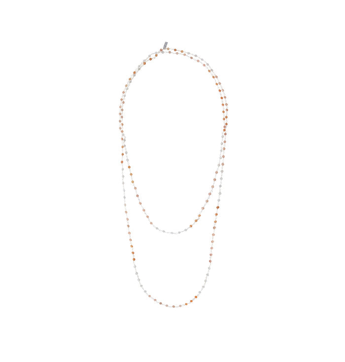 Spell Atelier Long Beaded Chain Necklace Silver Moon, sterling silver with pale pink moonstone beads, 125cm