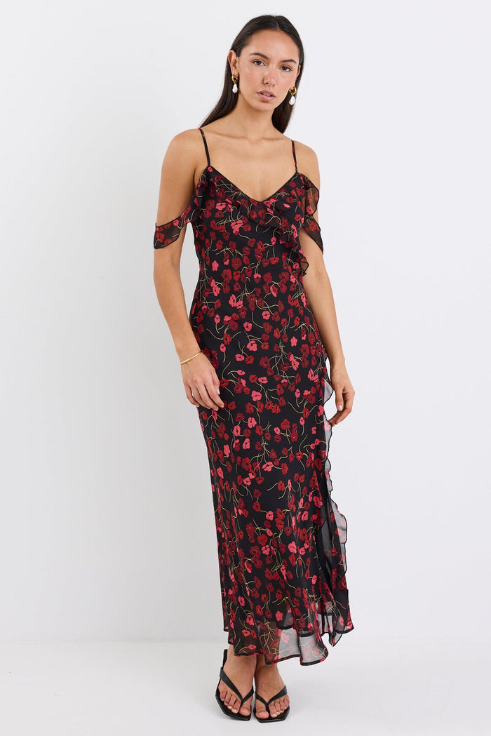 Woman wearing a floral dress on a white background