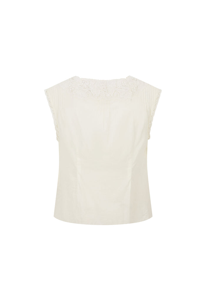 An off-white sleeveless top with a delicate lace or embroidered yoke at the neckline, shown against a plain white background.