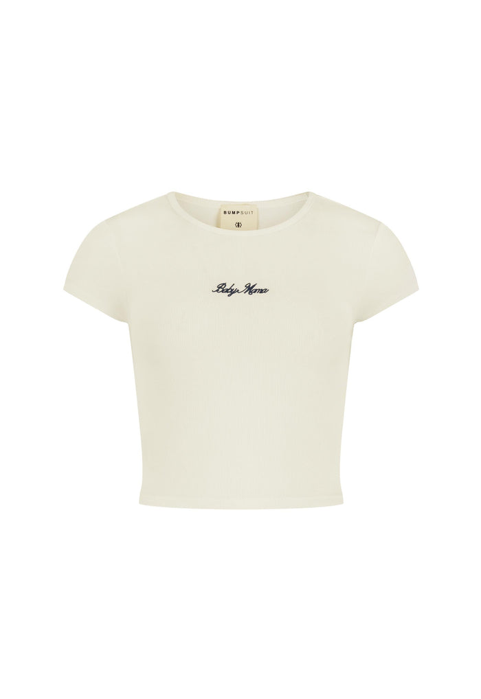 Cream ribbed cotton tee laid flat, front view, navy 'Baby Mama' script embroidery at centre chest
