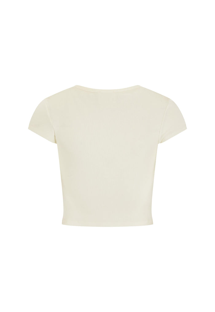 Back view flat lay of white cotton rib crop tee with scoop neckline and cap sleeves on white background