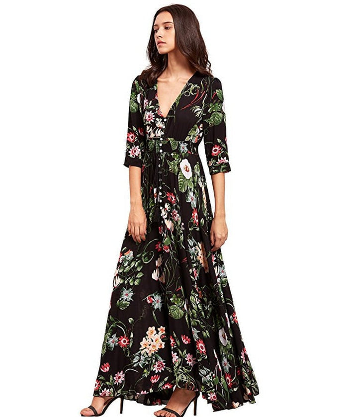 Button Floral Bohemian Maxi Beach Dresses - House of Beauty