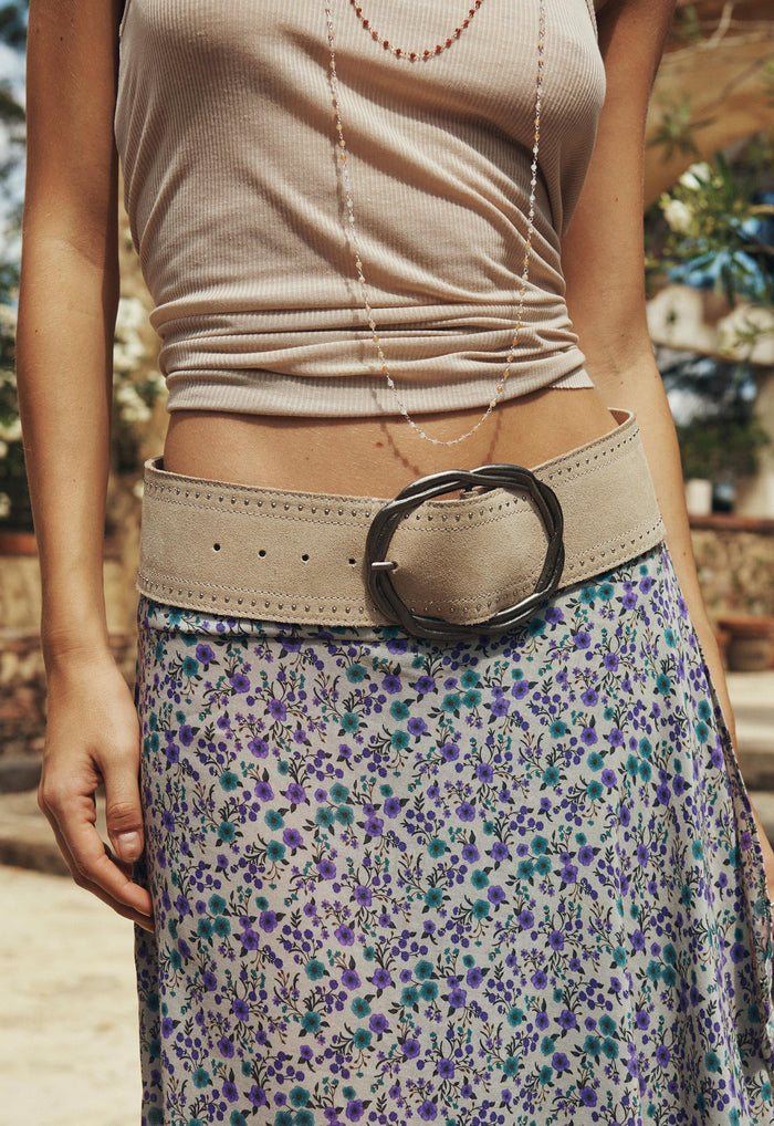 Spell women's Cabana Studded Suede Belt in Stone cream leather with antique nickel buckle, Vintagia collection