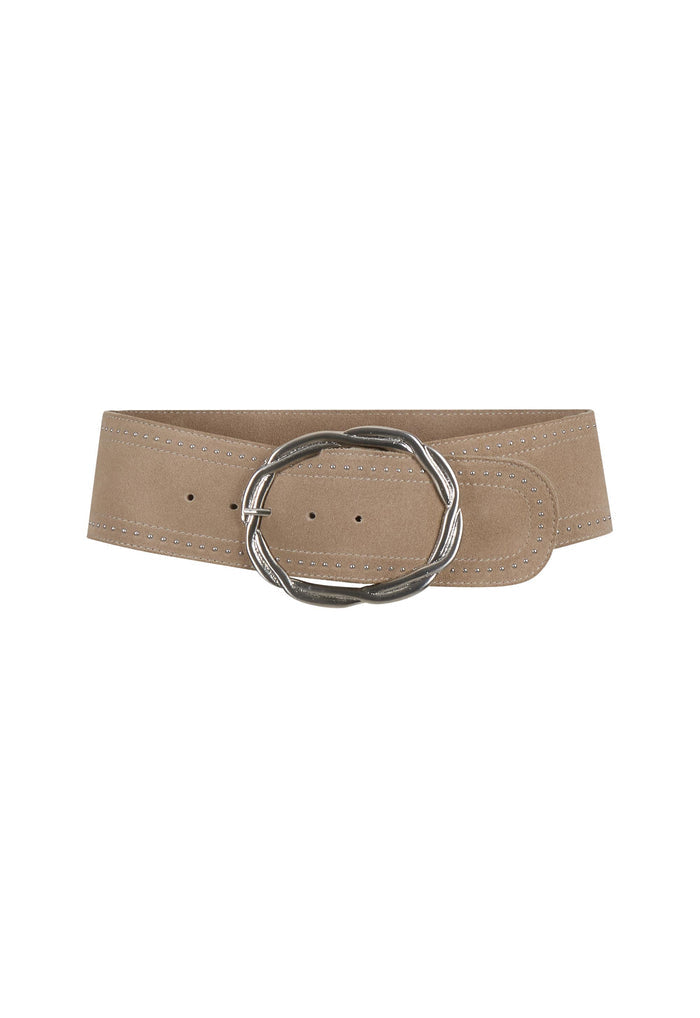 Flat lay of stone suede Cabana belt showing curved cut, silver twisted buckle, and stud detailing along edges