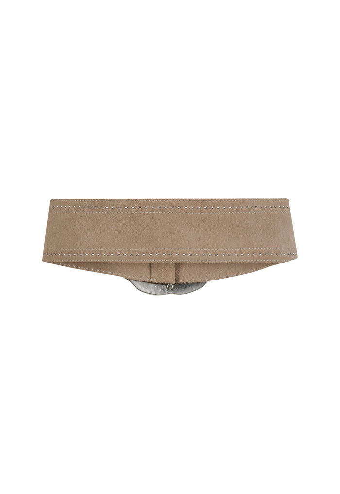 Cabana Studded Suede Belt in Stone, back flat lay showing antique nickel silver buckle and topstitch detail