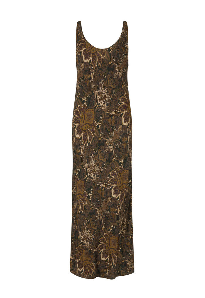 A sleeveless, floor-length maxi dress with a brown, black, and beige botanical floral pattern, shown against a plain white background.