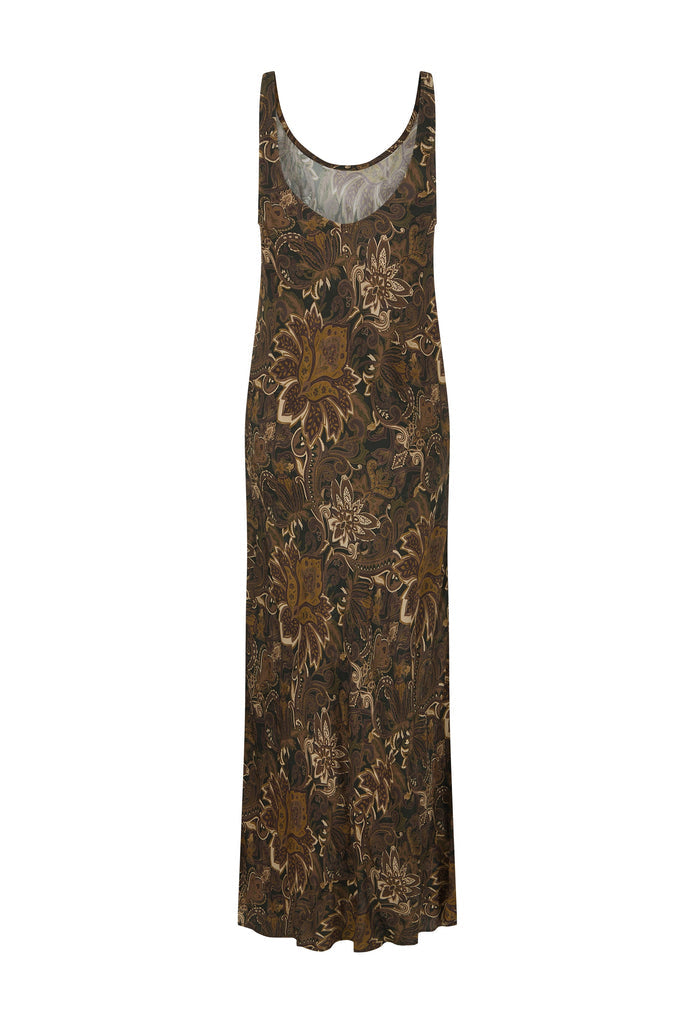 A sleeveless, floor-length slip dress with a brown and gold floral pattern, shown against a plain white background.