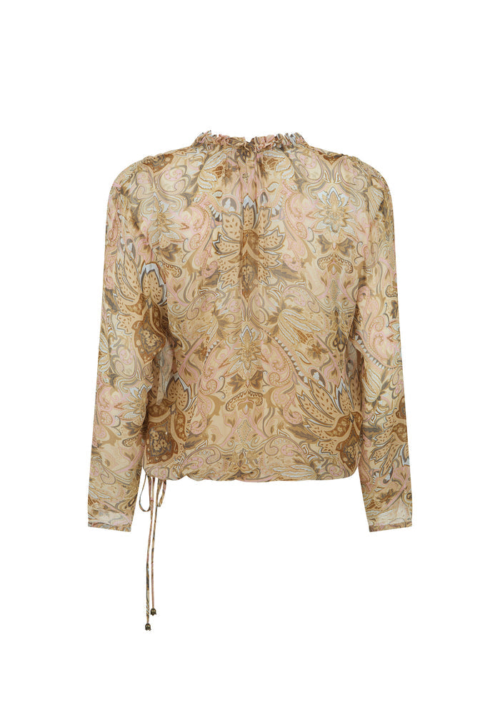 A long-sleeve blouse with a beige and gold paisley pattern, featuring a split V-neckline with tie-front lacing and a drawstring detail at the side hem.