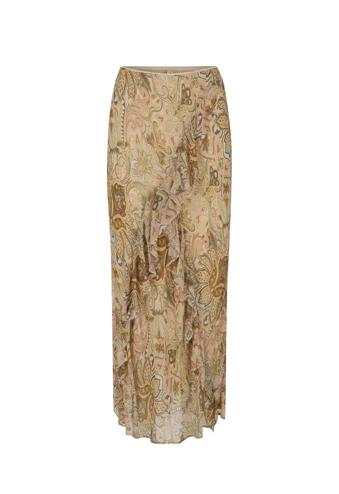 A long, pleated skirt with an intricate paisley and floral pattern in beige, brown, and muted gold tones, shown against a plain white background.