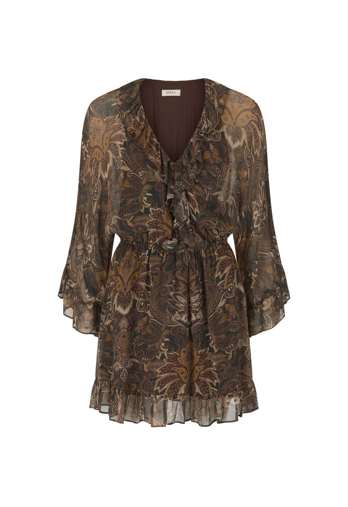 A brown and beige patterned long-sleeve blouse with a V-neckline, ruffled cuffs, and a matching fabric tie belt at the waist, shown against a plain white background.
