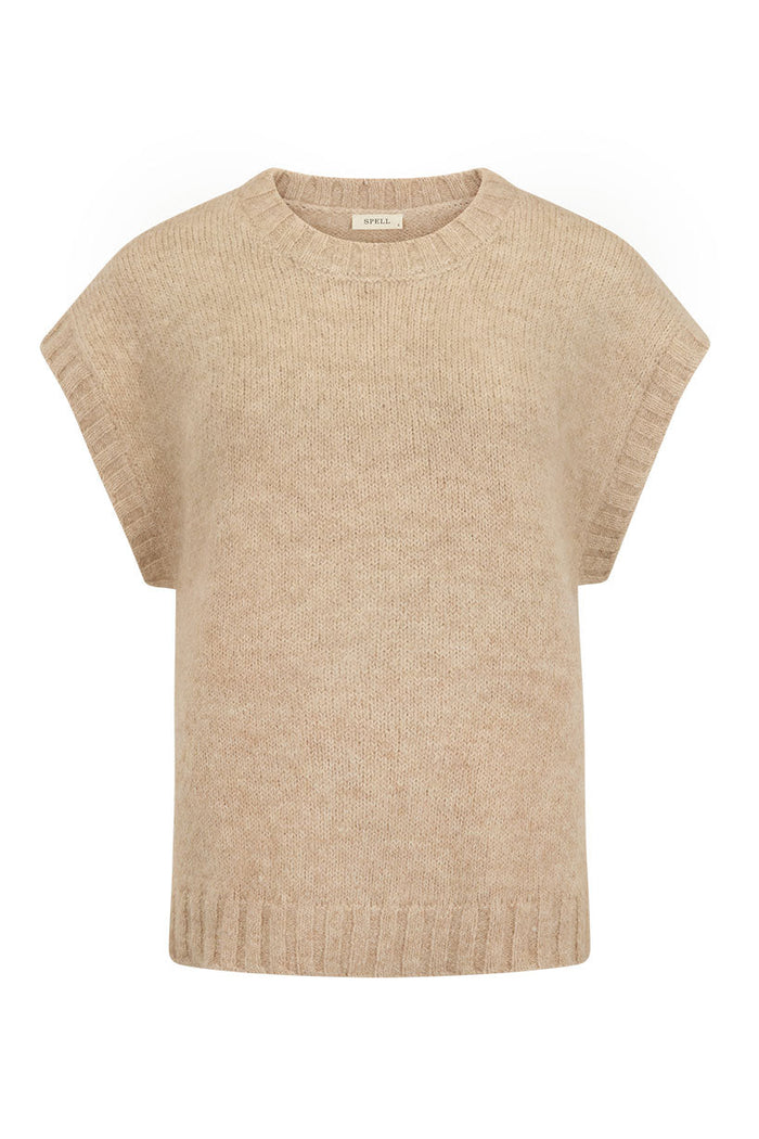 Darcy Vest in Sand flat lay, front view, alpaca-wool blend knit with rib neckband and hem