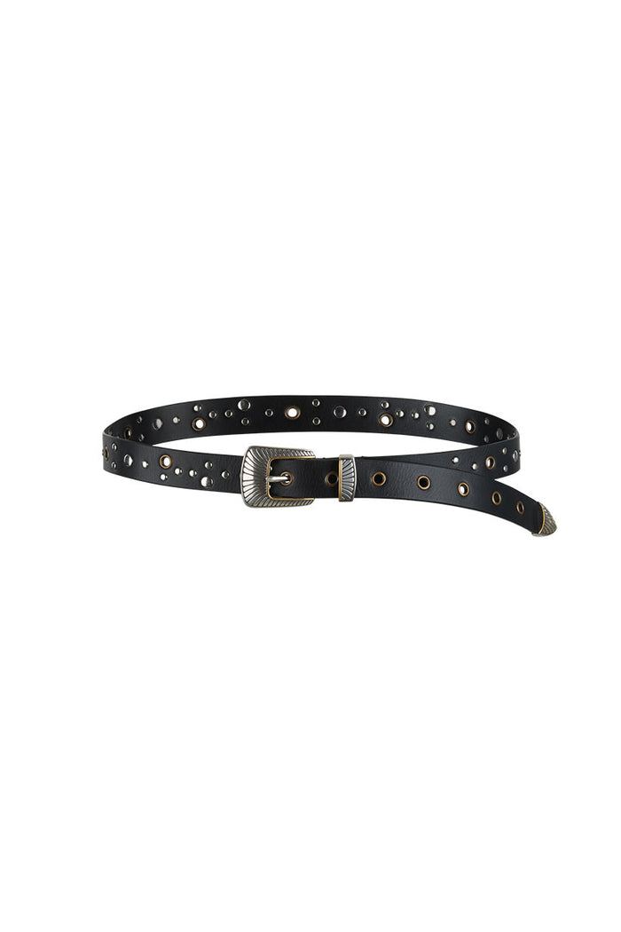 Delphine Belt in Midnight black leather, flat lay showing mixed gold and silver eyelets, studs, and ornate western buckle