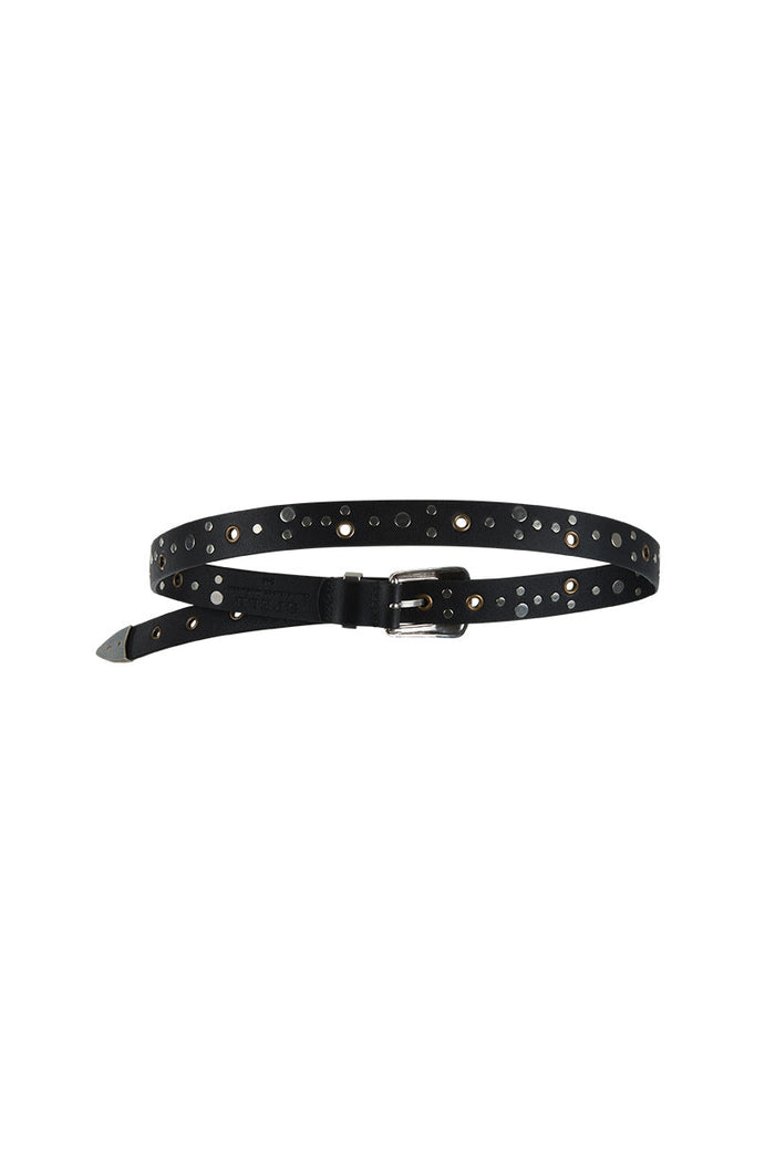 Delphine Belt in Midnight coiled on white background, showing mixed gold and silver studs, eyelets, and silver buckle