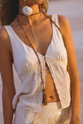 Spell Desert Lily Cami in Pearl, women's white cami with lace trim and button-front detail