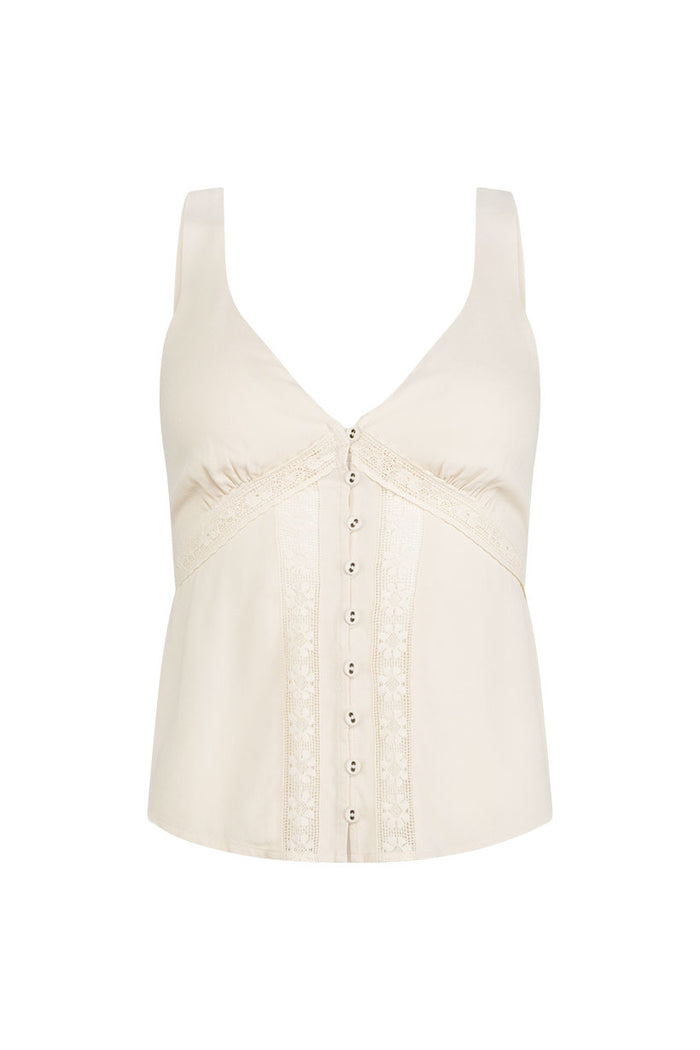 Desert Lily Cami in Pearl flat lay, front view, lace-trim centre placket with pearl buttons and gathered underbust