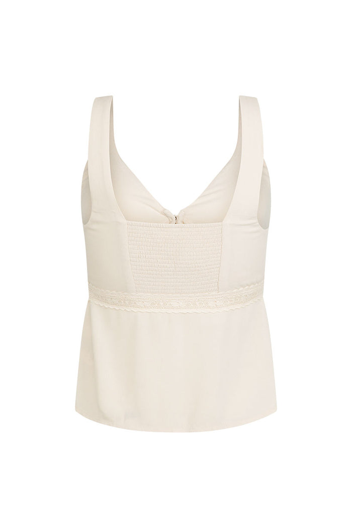Desert Lily Cami in Pearl flat lay back view, showing back elastic panel, lace trim waist and curved hem