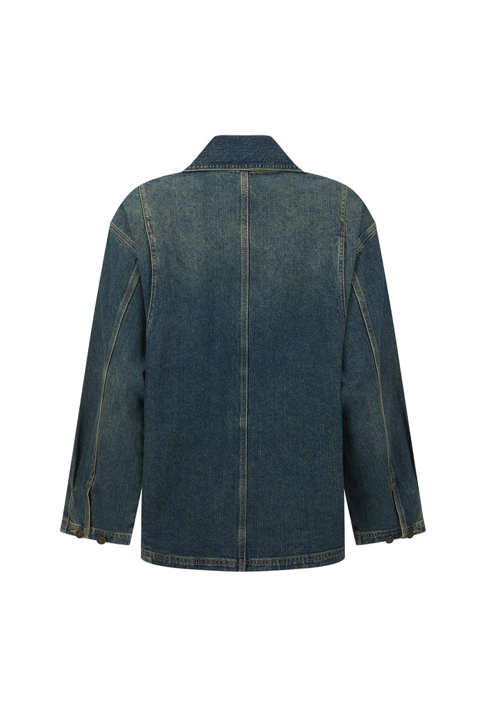 A dark blue denim jacket shown from the back, featuring a classic collar and a central seam, displayed on a clean white background.