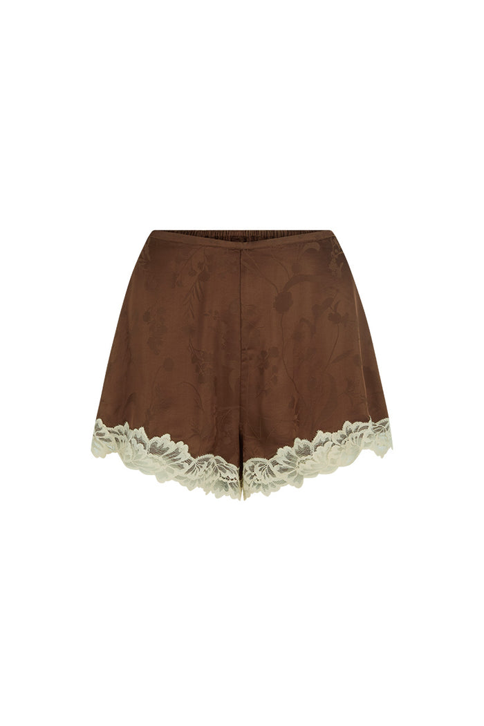 Dubois Lace Short in Espresso, front flat lay, brown jacquard viscose with cream lace-trim hem and elastic back waist