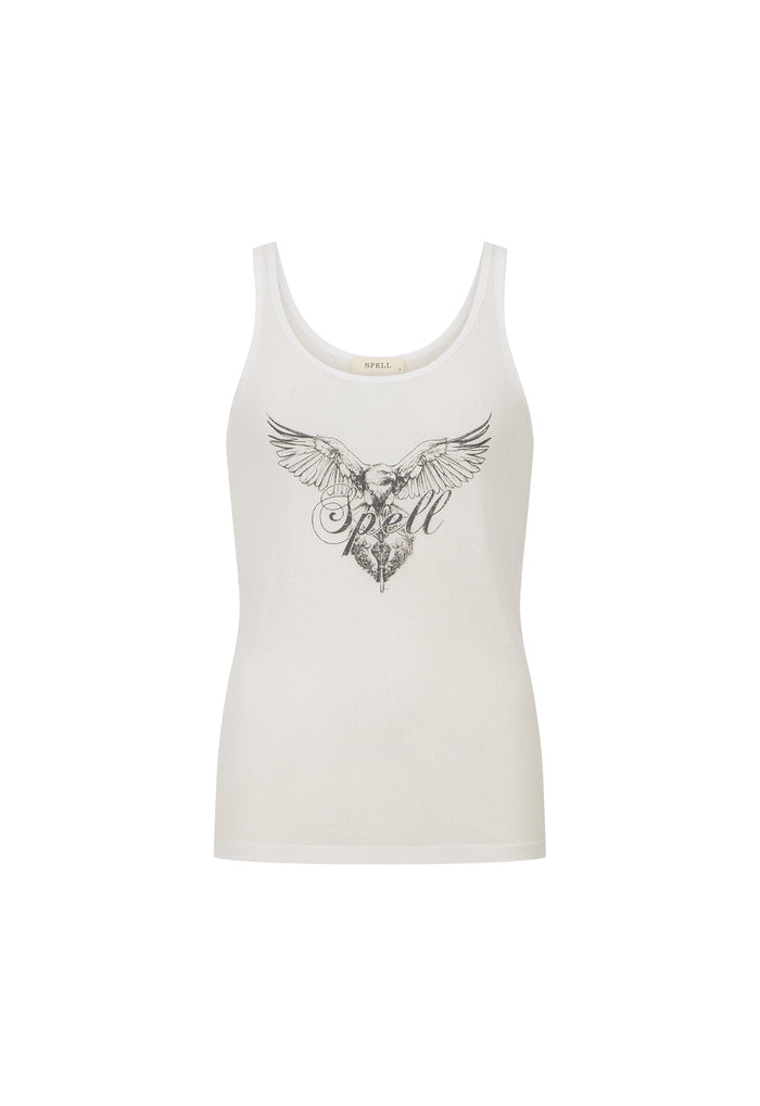 An off-white sleeveless tank top featuring a detailed black winged emblem printed on the center chest, displayed against a solid white background.