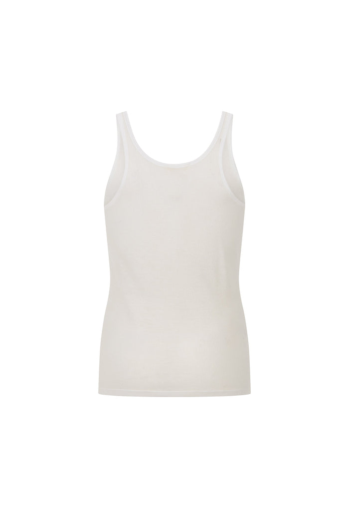 A plain white ribbed tank top with a wide scoop neck and wide shoulder straps, shown against a solid white background.
