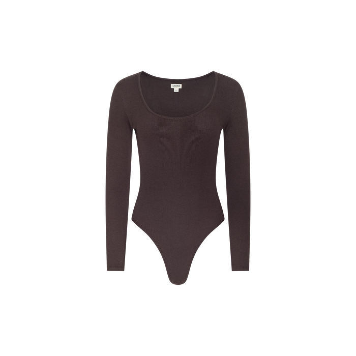 The Elara Scoopneck Bodysuit is a dark brown, long-sleeve piece crafted from stretch cotton modal, featuring a body-contouring fit and a thong cut. It is displayed on a white background.