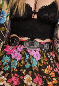 Spell Elysian Belt in Vintage Black, women's black leather belt with antique silver concho hardware