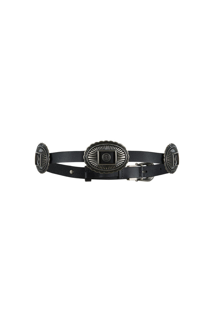 Black leather belt laid flat, three oval antique silver concho details and silver buckle closure
