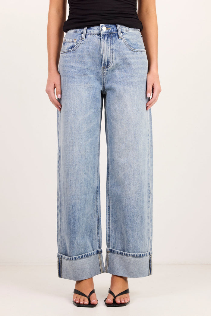 Emerge Washed Out Blue Turn Up Long Jeans
