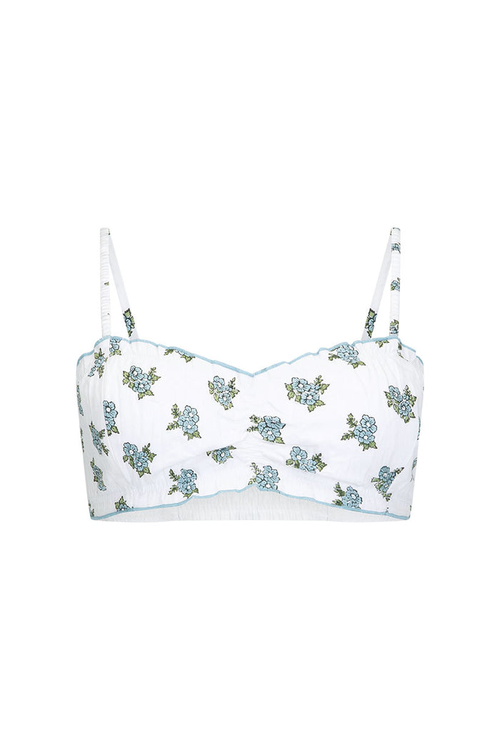 Fable Block Printed Bralette flat lay, white with blue floral print, scallop babylock edges and adjustable straps, front view
